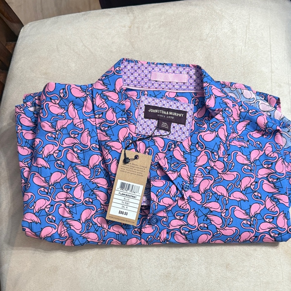 Johnston & Murphy Flamingo Print Shirt in Blue and Pink
